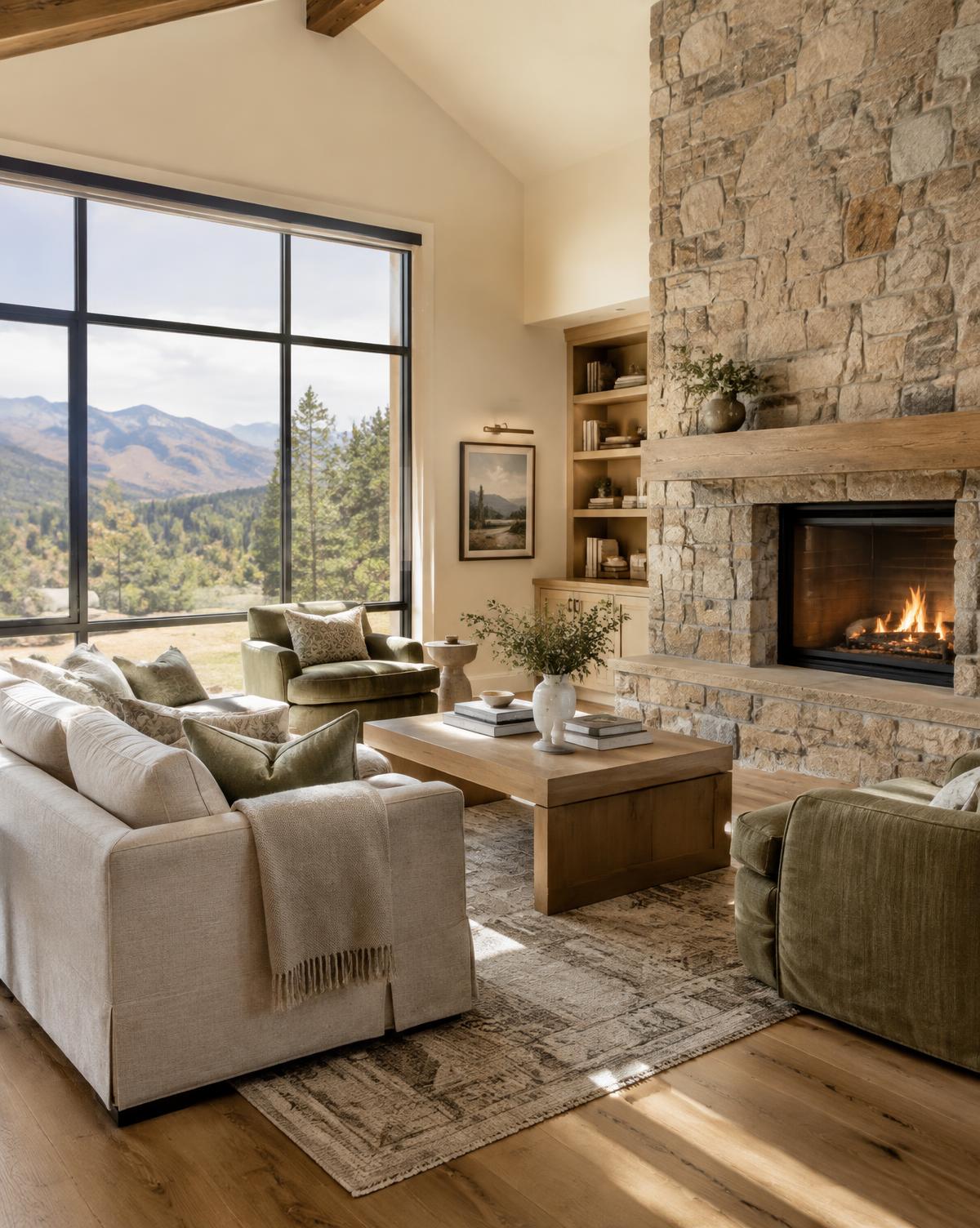 Warm Colorado living room with stone fireplace and mountain view